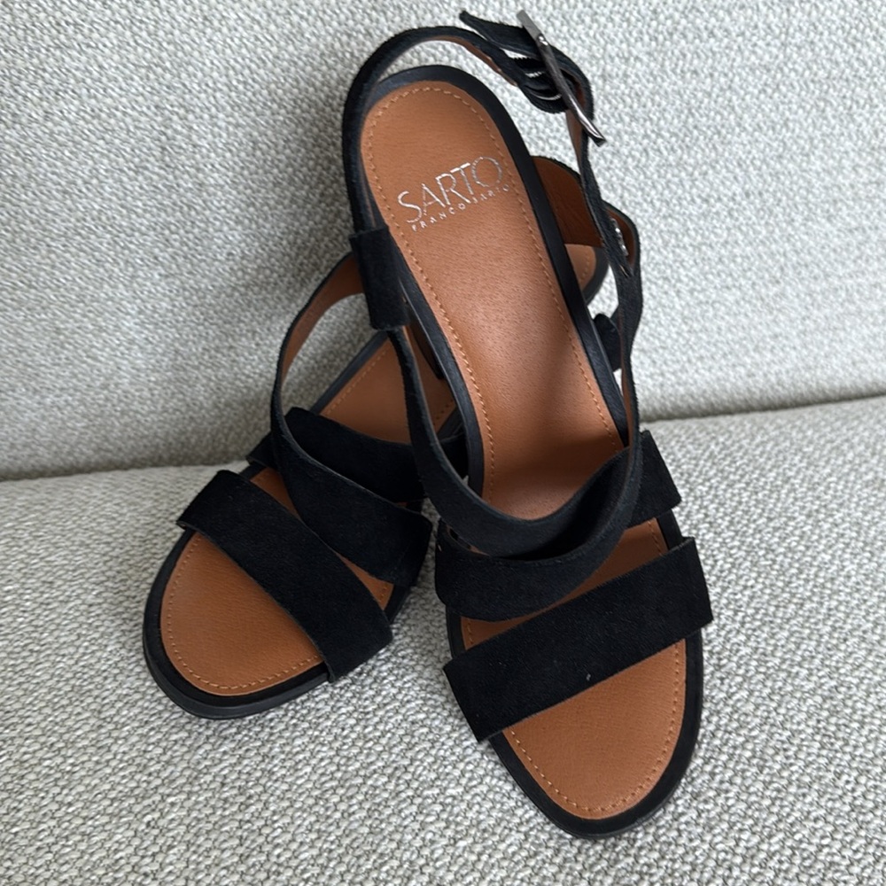 🥰Franco Sarto black suede Sabine Strappy slingback heels. Size 7.5